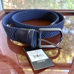 PX Clothing Navy Woven Stretch Belt Size 34 Leather Trim Men’s Belt New w/ Tags